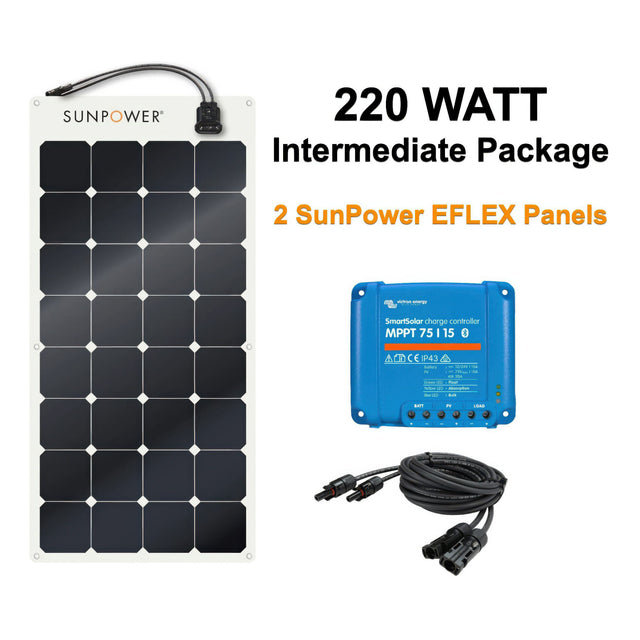 SunPower solar panel system with controller and cable on a white background