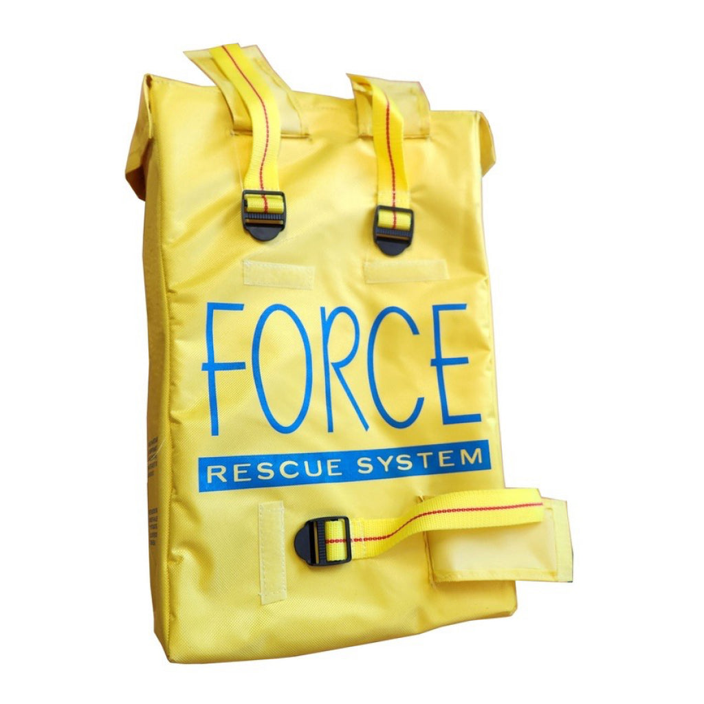 A yellow waterproof rescue bag from the Force Rescue System, featuring blue printed branding and black plastic buckle closures, shown on a plain white background.