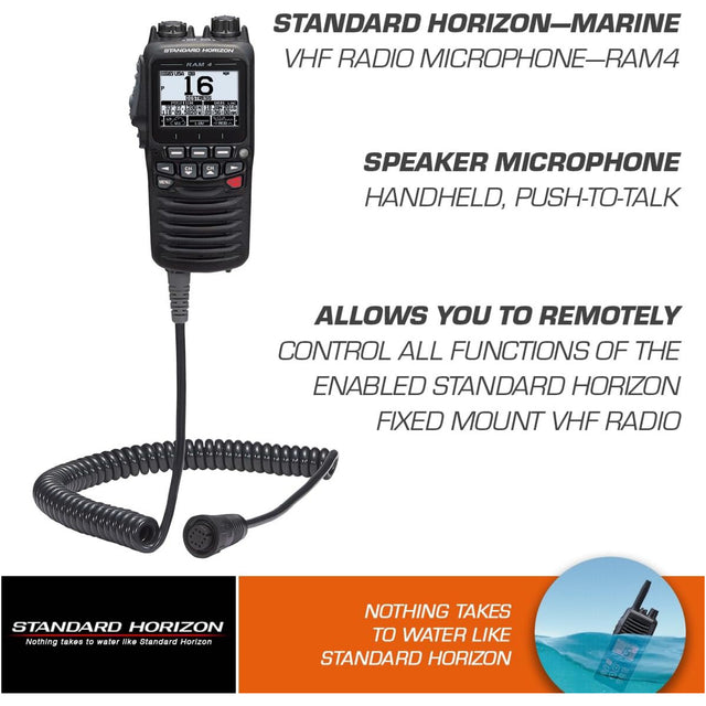 Standard Horizon Marine VHF radio microphone with text on a white background