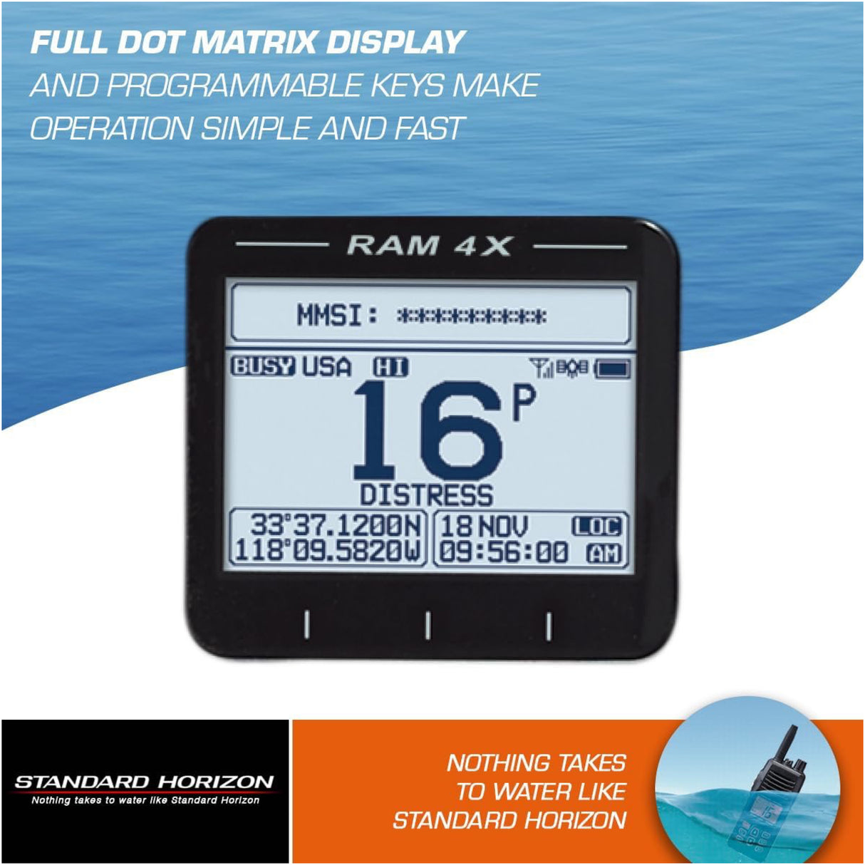 Digital display with text about full dot matrix display and programmable keys on a blue and white background.