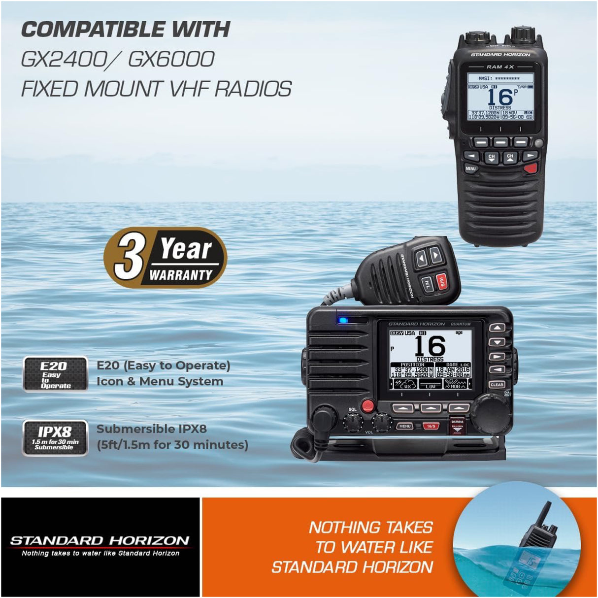 Two Standard Horizon VHF radios with water resistance features on a blue background