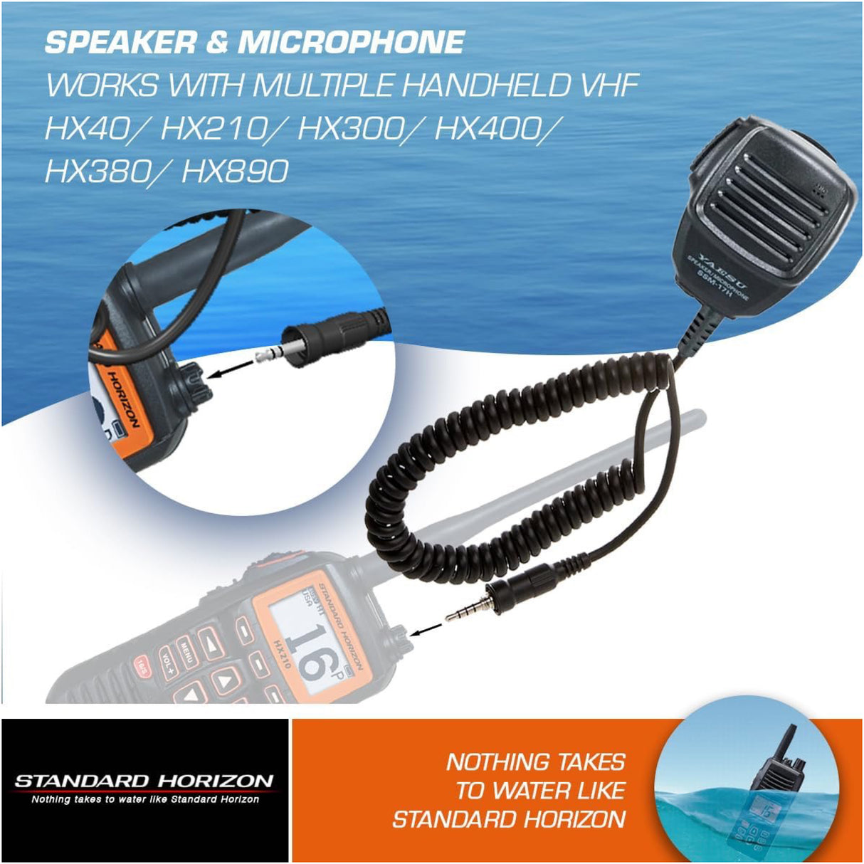 Speaker and microphone for handheld VHF radios with Standard Horizon branding on a blue and white background.