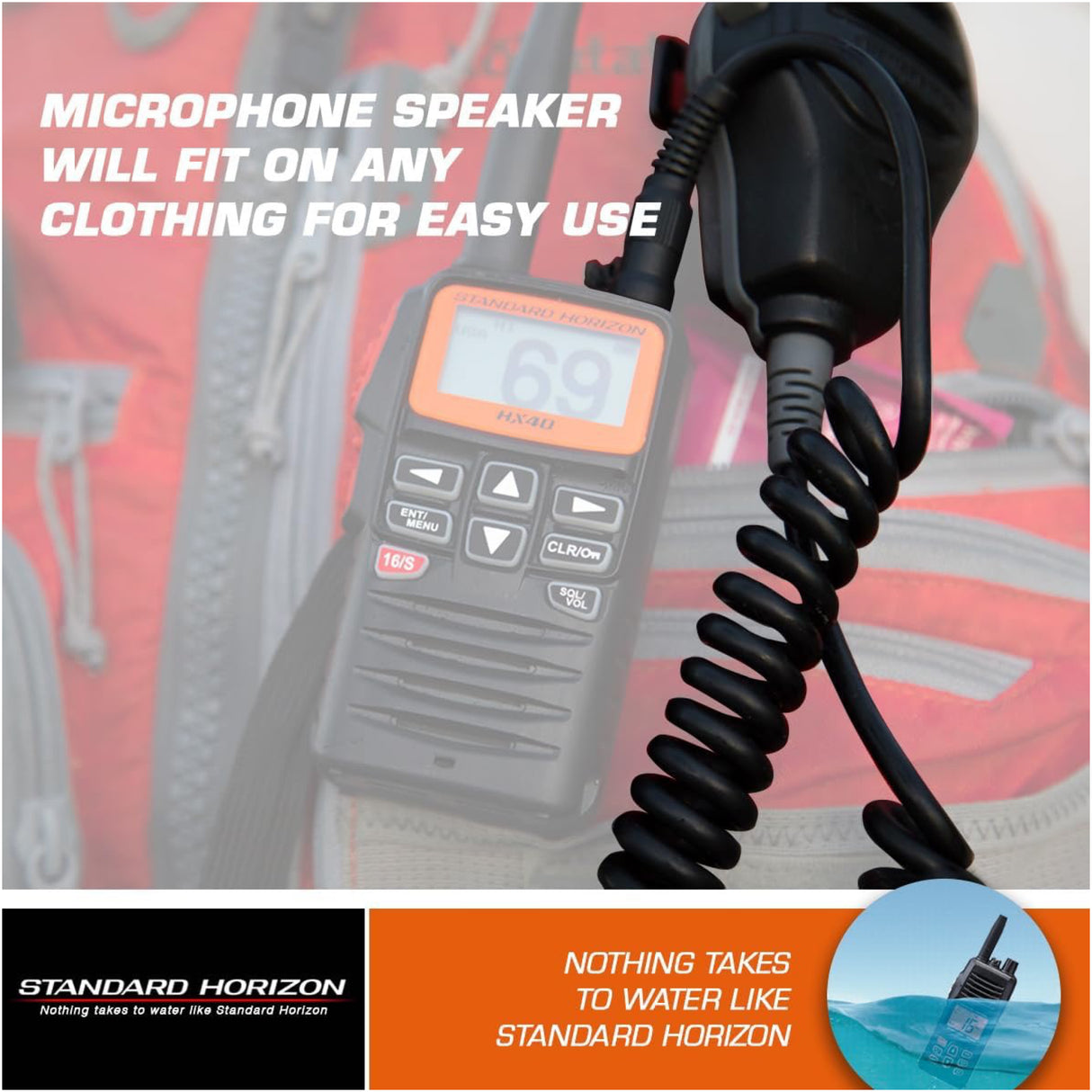 Microphone speaker with coiled cable on a Standard Horizon device, with text about easy use and water resistance.