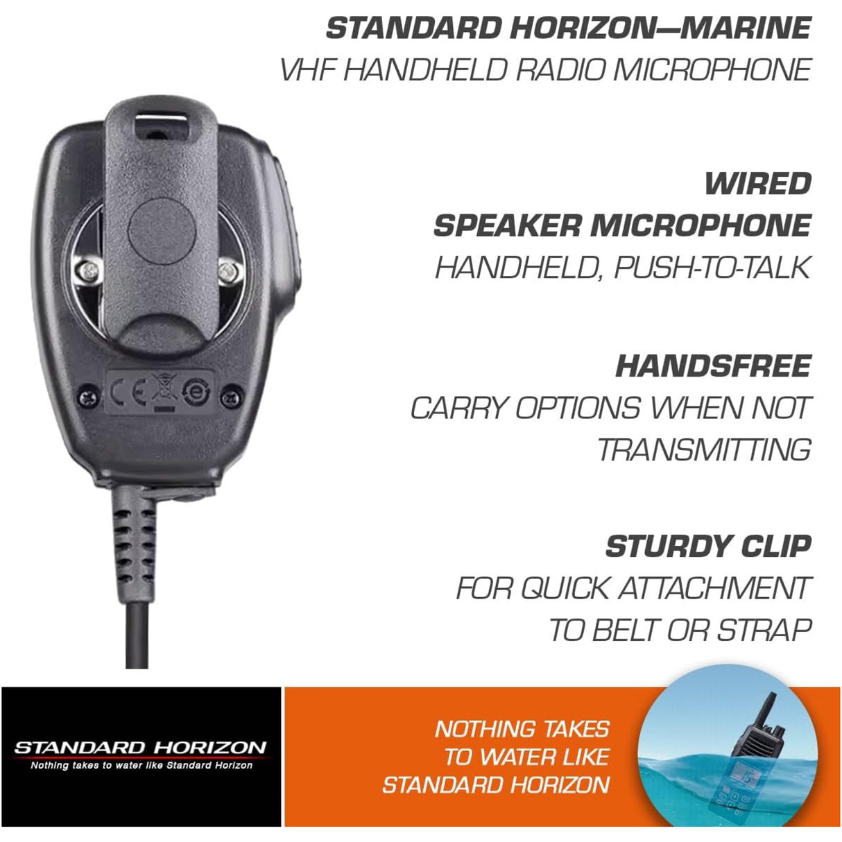 Standard Horizon Marine VHF handheld radio microphone with features listed on a white background