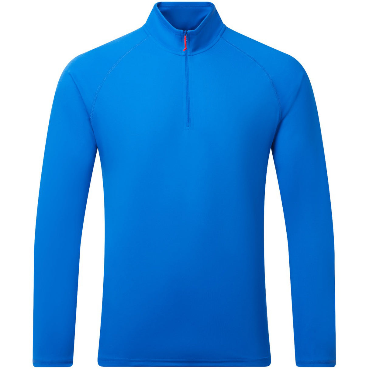 Blue long-sleeve shirt with a quarter zip on a white background