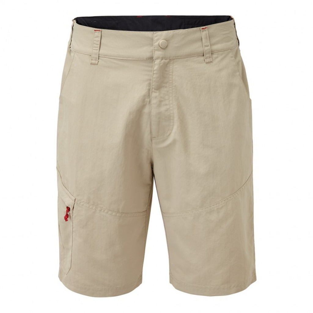 Beige shorts with a red tag on a white background