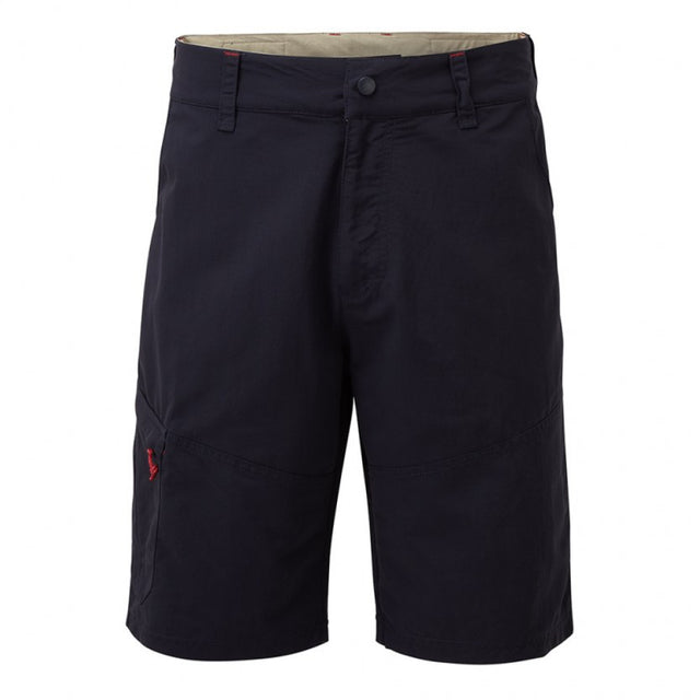 Black shorts with a red label on a white background