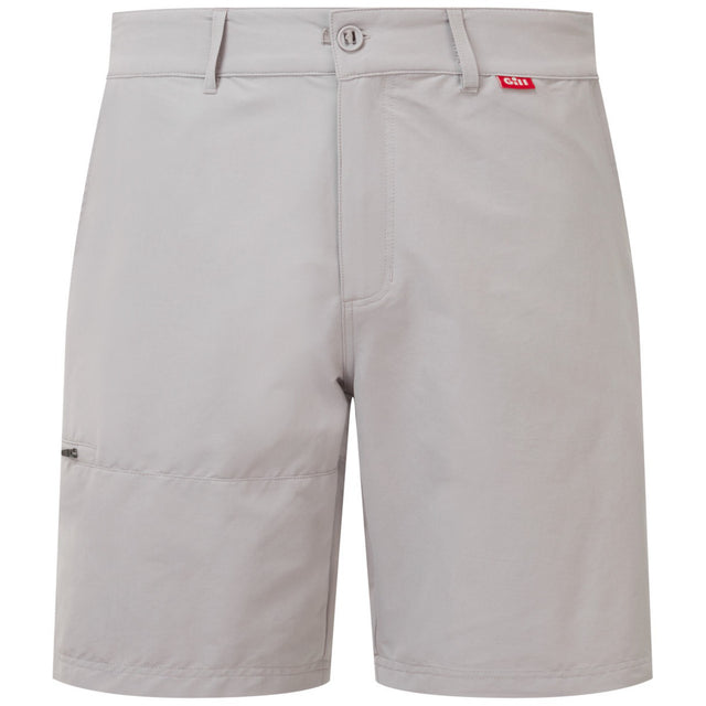 Light gray shorts with a red label on a white background
