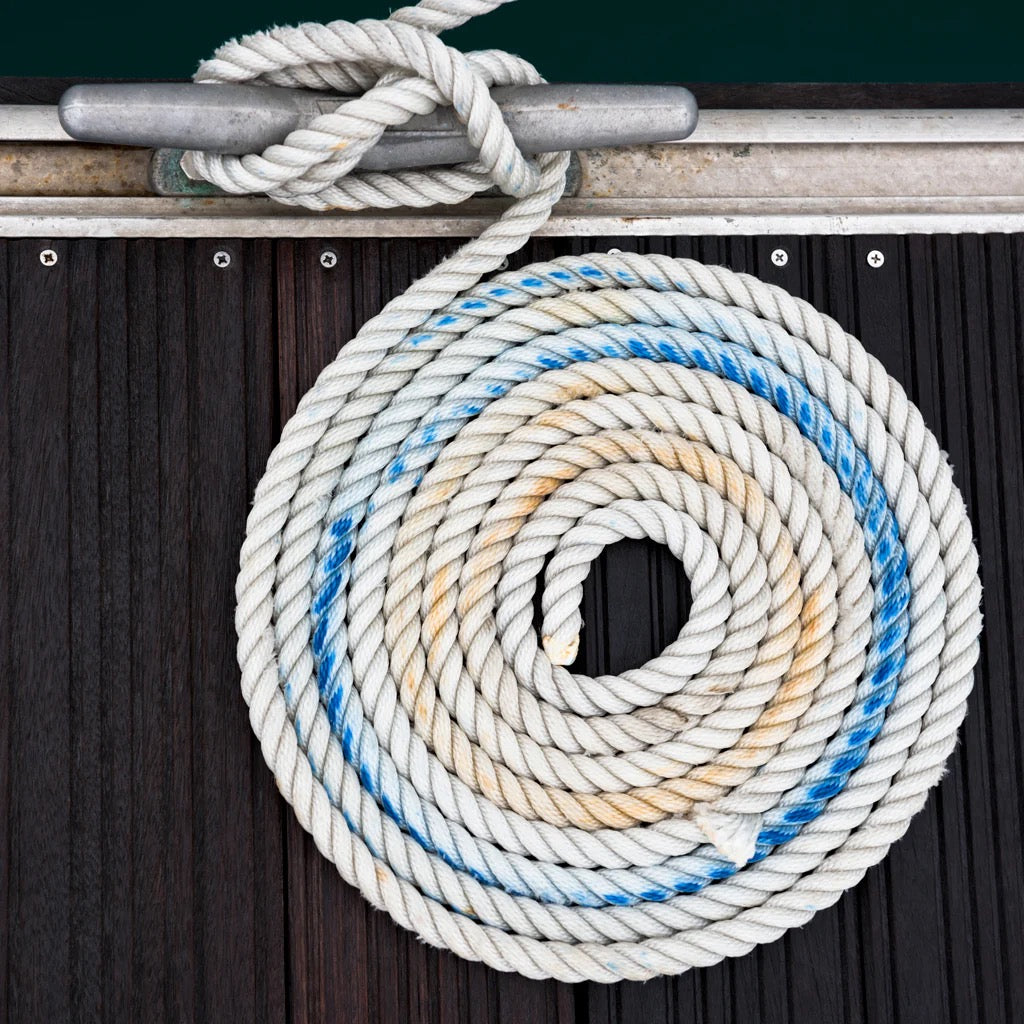 Coiled rope with a knot on a wooden surface