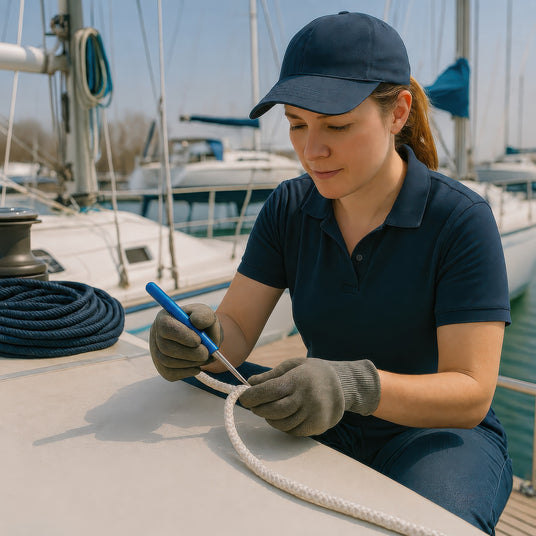 Person working on a sailboat, splicing a rope, with a marina background.