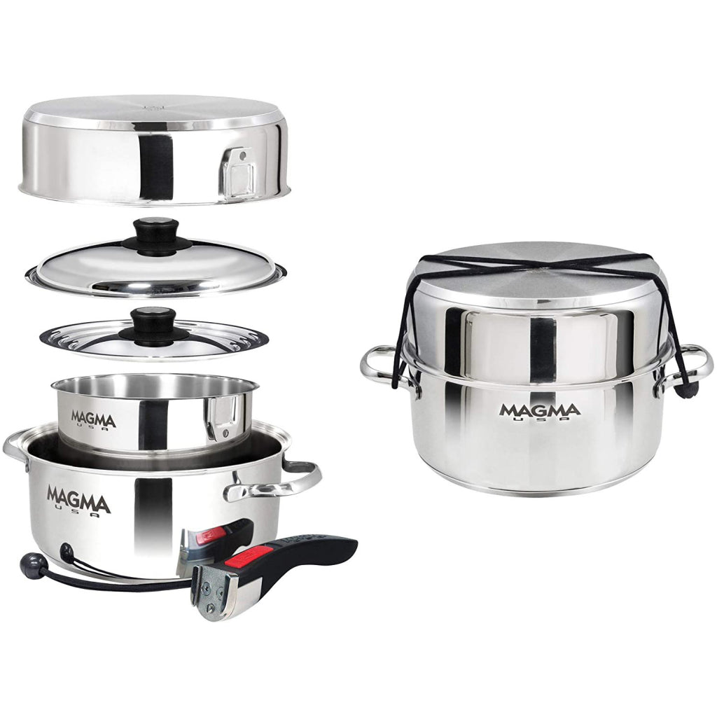 Open And Closed Of Magma 7pc Stainless Steel Induction Pot Set.