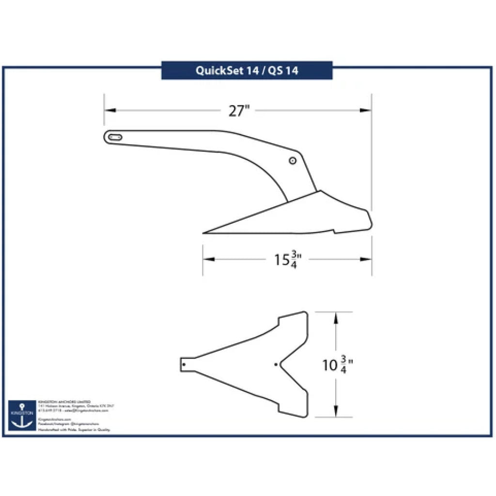 Tech Drawing Of Kingston Quickset 14lb Mirror Finish Plow Anchor.