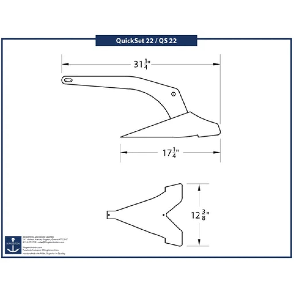 Tech Drawing Of Kingston Quickset 22lb Mirror Finish Plow Anchor.