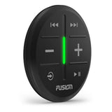 Black audio control panel with green indicator light on a white background, featuring the Fusion logo.