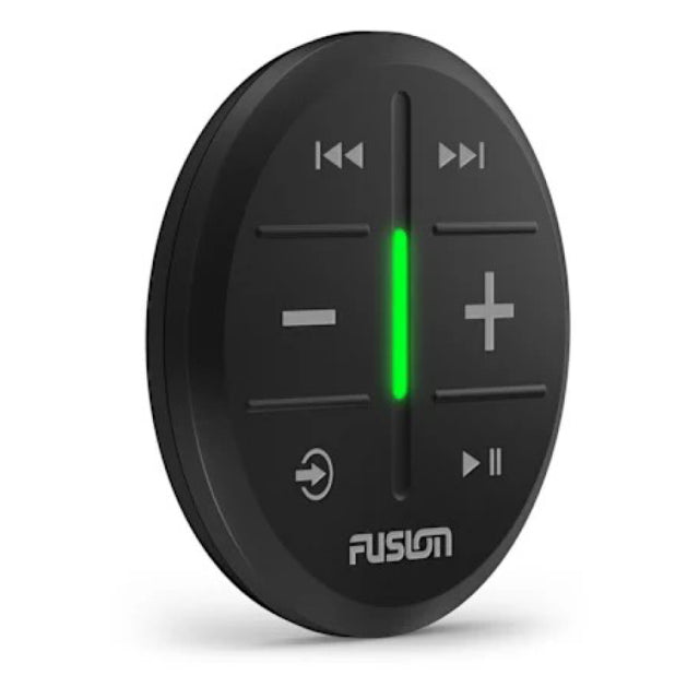 Black audio control panel with green indicator light on a white background, featuring the Fusion logo.