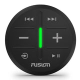 Black audio control knob with Fusion logo on a white background