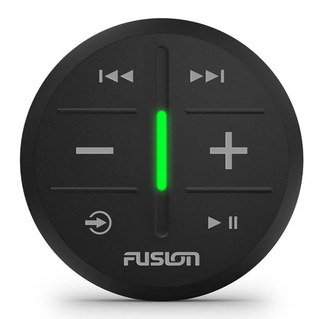 Black audio control knob with Fusion logo on a white background