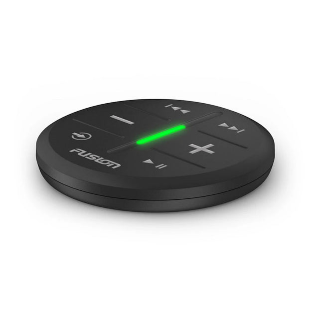 Black audio control unit with Fusion logo on a white background