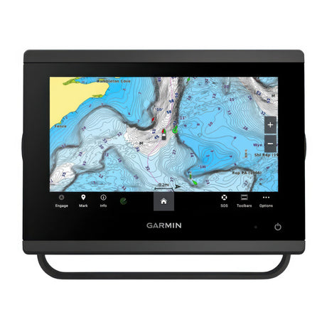 Garmin marine GPS device displaying a map on a white background