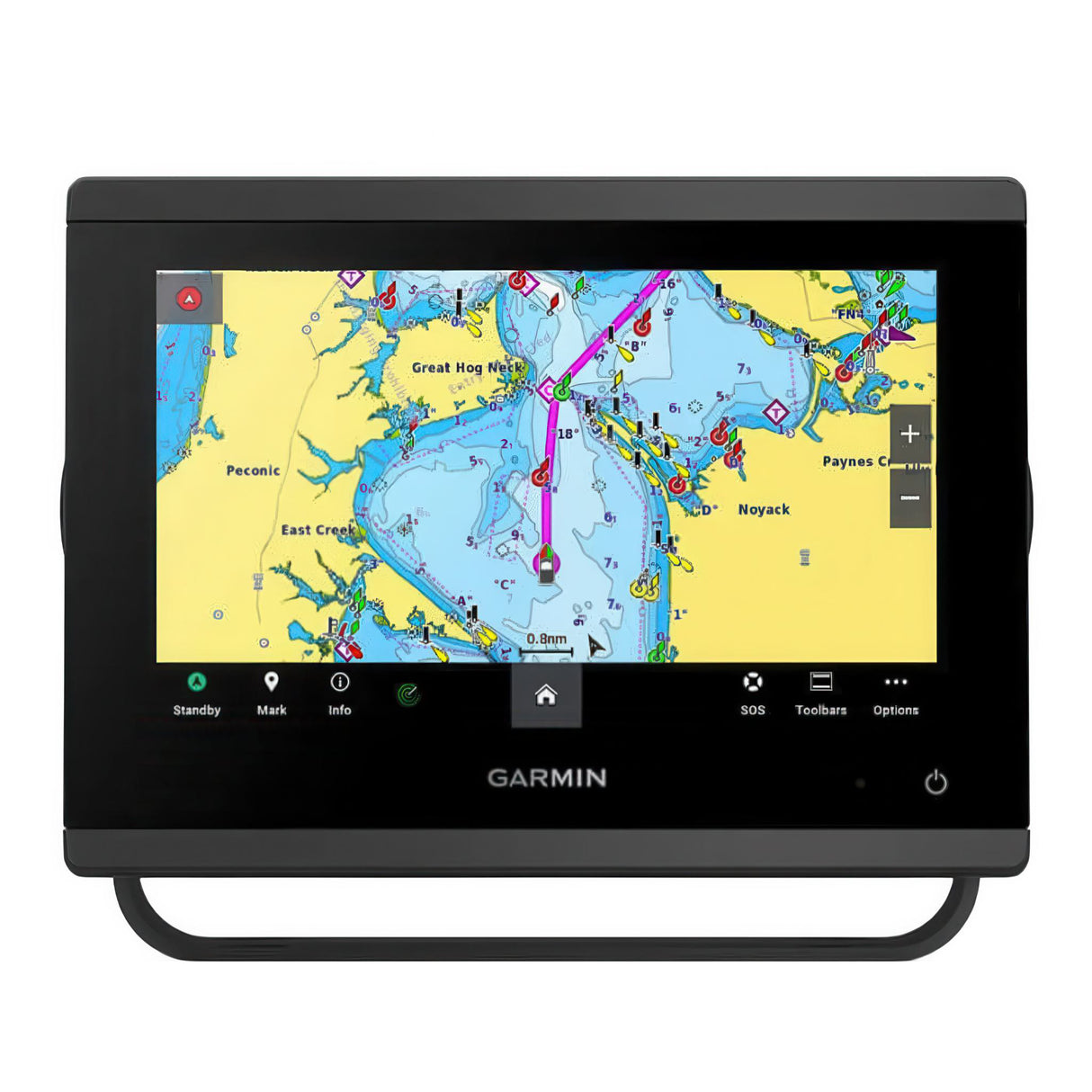Garmin marine navigation display with map on a white background