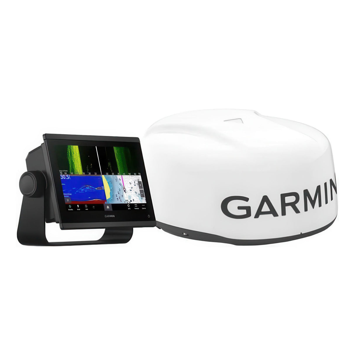 Garmin marine navigation device with screen displaying sonar data on a white background