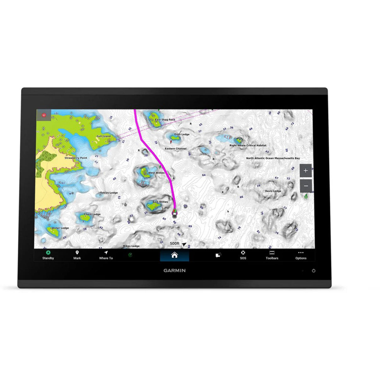 Garmin marine chartplotter with map display on a white background