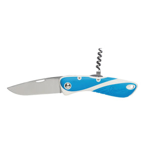 Blue and white folding knife with corkscrew on a white background