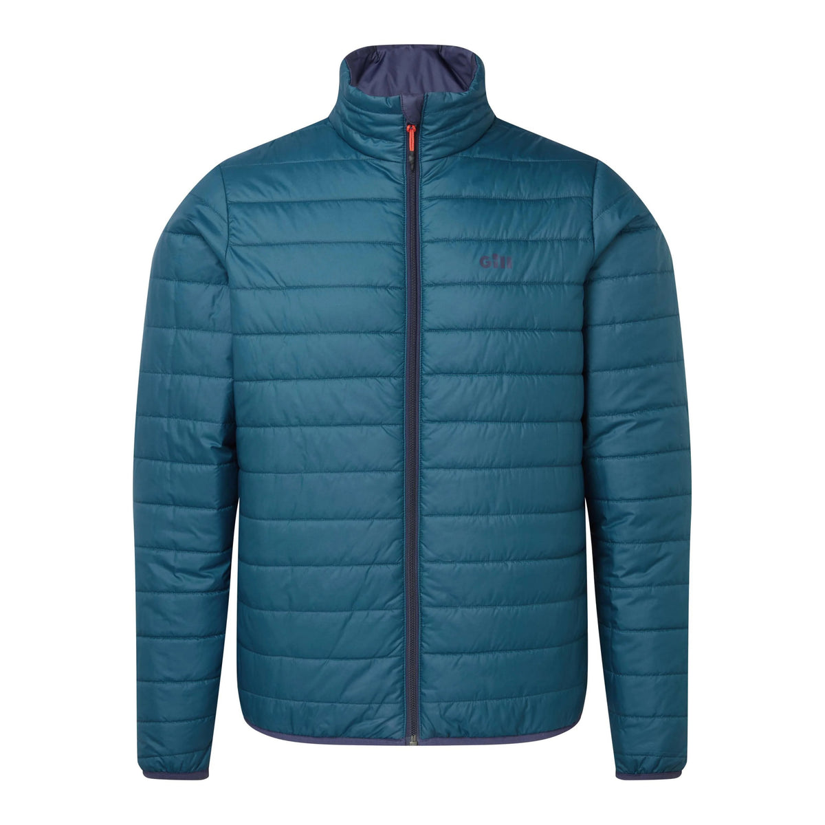 A teal blue quilted puffer jacket with a stand-up collar, front zipper, and a small red embroidered G-1000 logo on the left chest, shown against a plain white background.