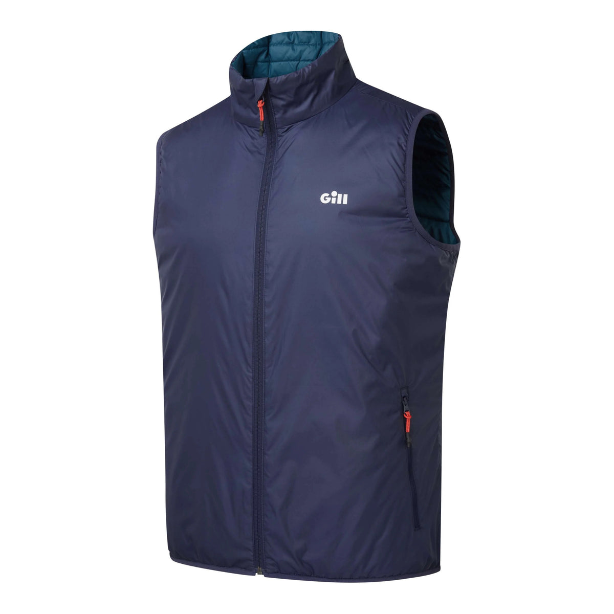 A navy blue sleeveless zip-up vest with a high collar, featuring a white 'gii' logo on the left chest and small red zipper pulls, shown against a plain white background.