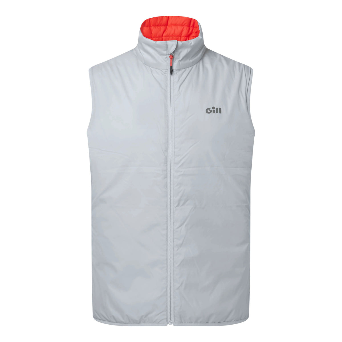 A light gray zip-up vest with a high collar showing a bright orange-red lining, featuring the 'gill' brand logo on the left chest.