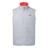 A light gray zip-up vest with a high collar showing a bright orange-red lining, featuring the 'gill' brand logo on the left chest.