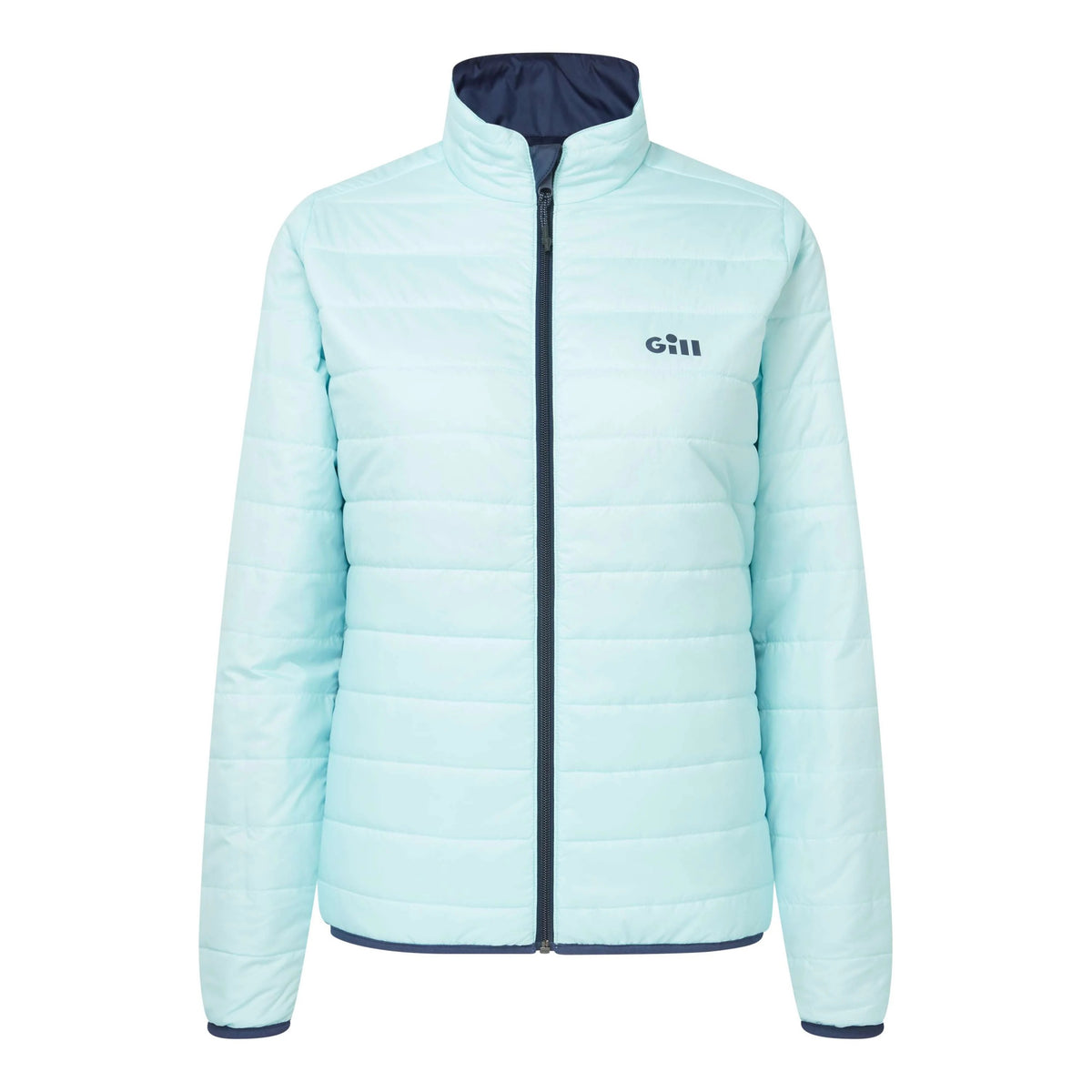 A light blue puffer jacket with a dark navy blue interior lining, collar, zipper, and cuffs. The brand 'Giti' is printed on the left chest.