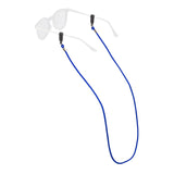Blue eyeglass cord with a clear frame on a white background