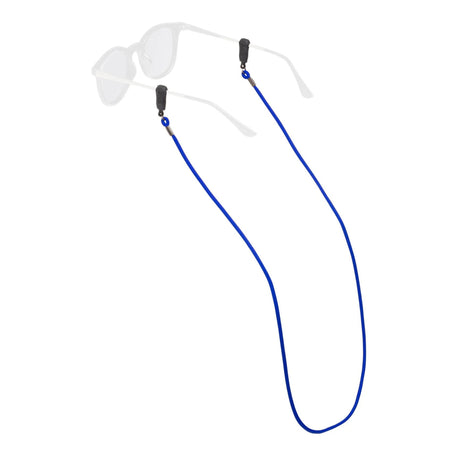Blue eyeglass cord with a clear frame on a white background
