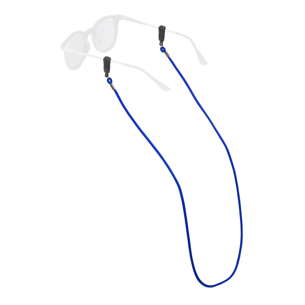 Blue eyeglass cord with a clear frame on a white background