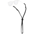 A black elastic sunglasses strap with a quick-release buckle, shown holding a pair of white-framed sunglasses against a plain white background.