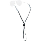 A gray adjustable fabric sunglasses strap with a black plastic toggle, shown hanging against a plain white background. Faintly at the top, the clear lenses and white arms of aviator-style sunglasses are visible behind the strap.