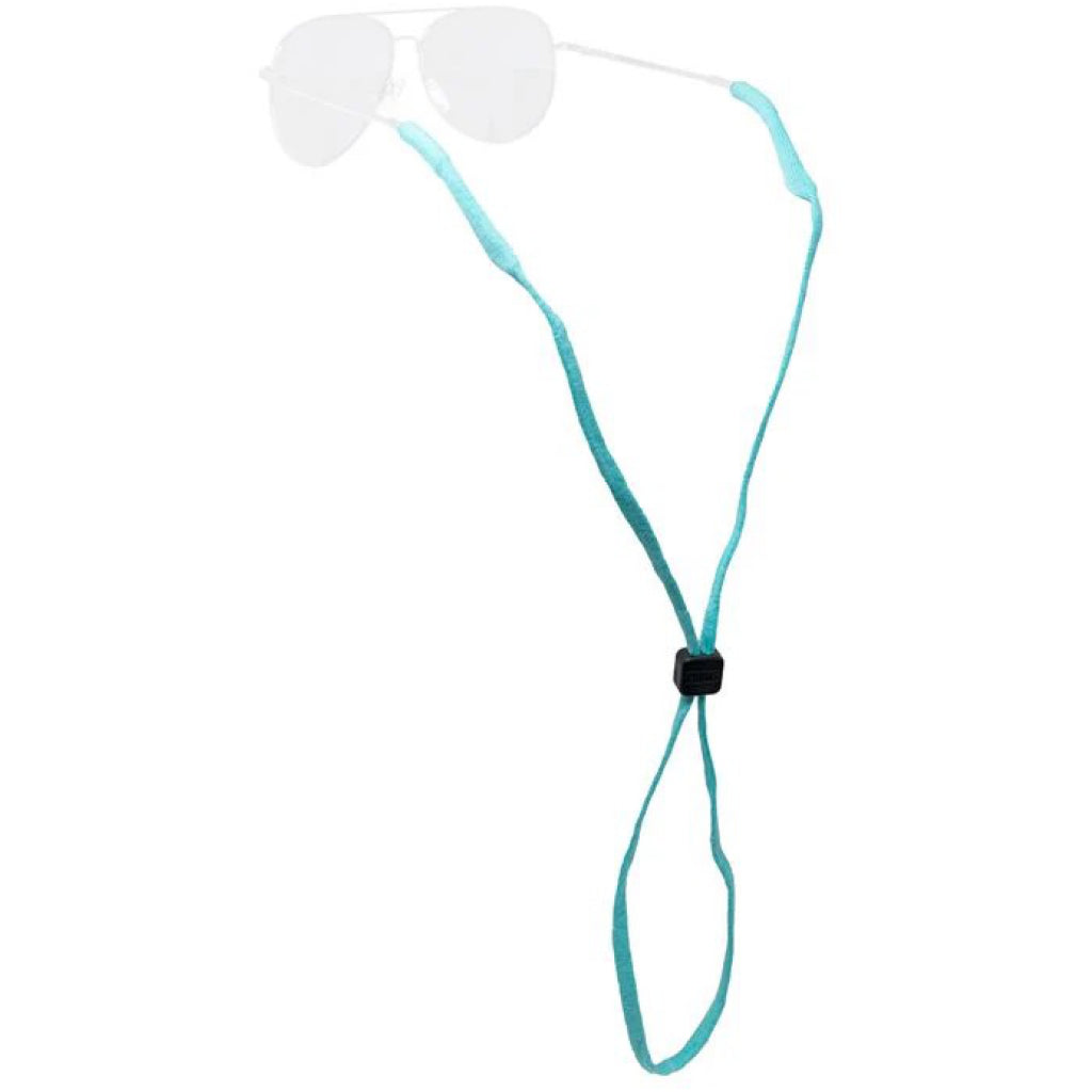 A light blue adjustable neck strap with a black plastic toggle, shown with a pair of sunglasses on a plain white background.