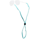 A light blue adjustable neck strap with a black plastic toggle, shown with a pair of sunglasses on a plain white background.