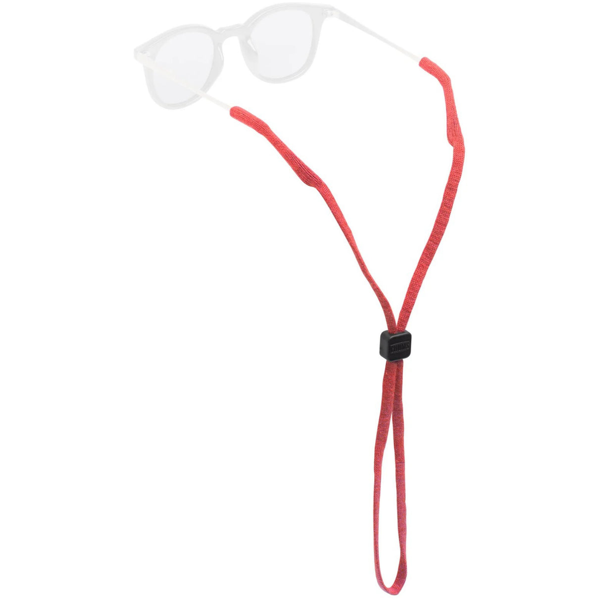 A red elastic sunglasses strap with a black plastic toggle, shown holding a pair of clear-lens sunglasses against a plain white background.