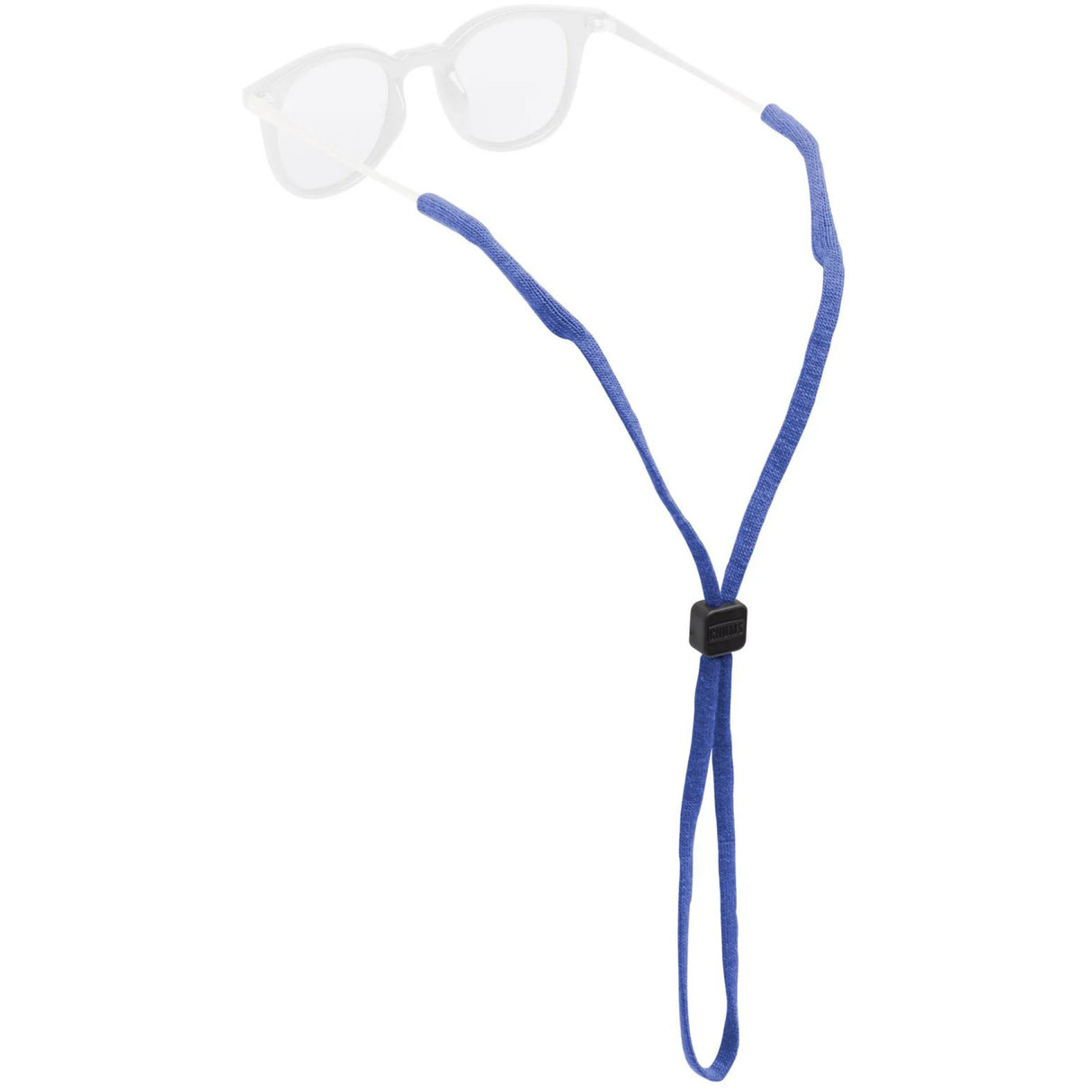 A blue elastic sunglasses strap with a black plastic toggle, shown holding a pair of clear-lens sunglasses on a solid white background.