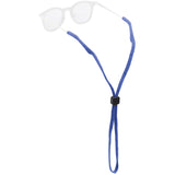 A blue elastic sunglasses strap with a black plastic toggle, shown holding a pair of clear-lens sunglasses on a solid white background.
