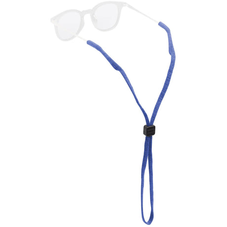 A blue elastic sunglasses strap with a black plastic toggle, shown holding a pair of clear-lens sunglasses on a solid white background.