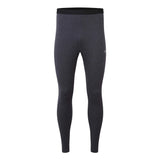 Dark gray heathered athletic leggings with a contrasting black waistband, shown on a plain white background.
