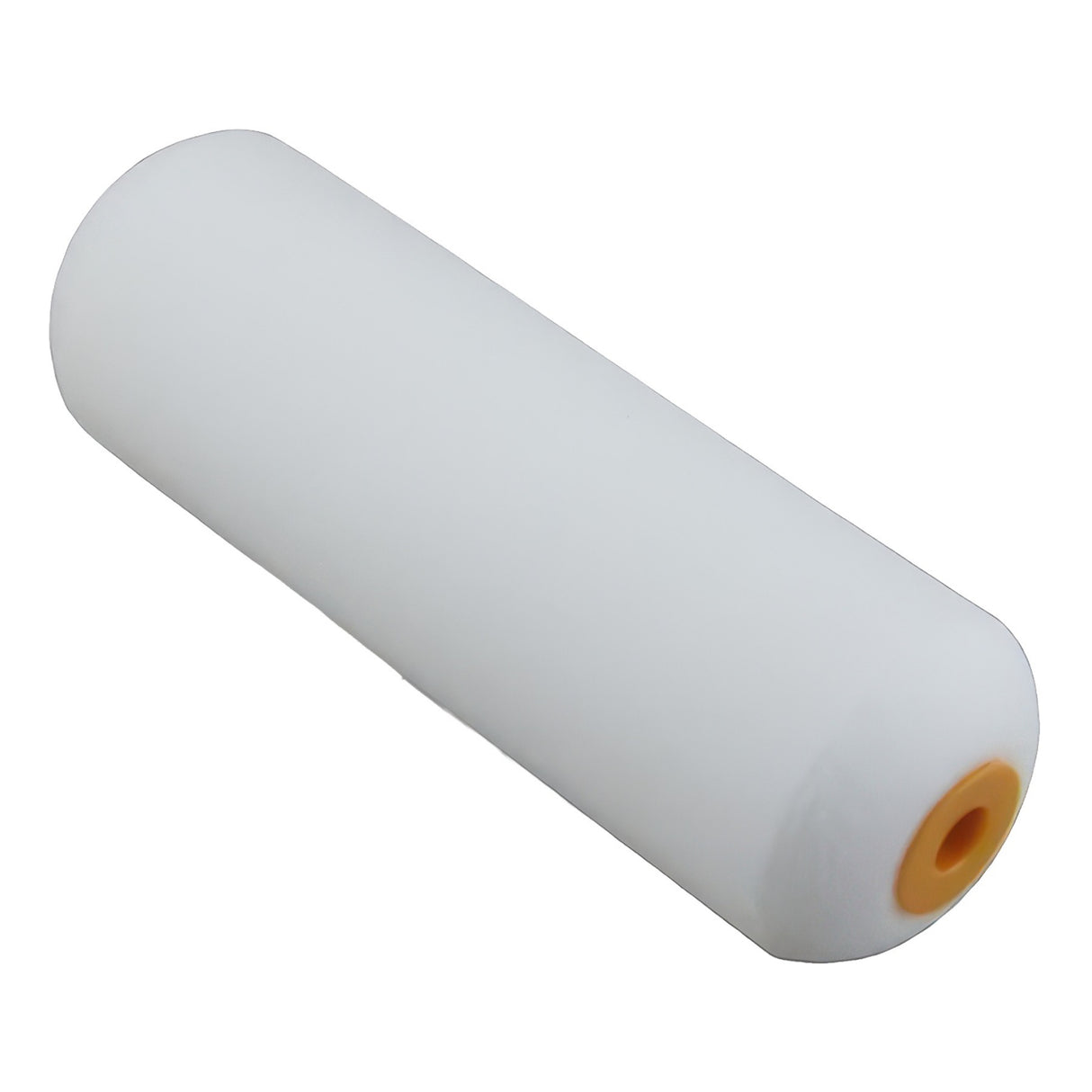White paint roller with orange center on a white background