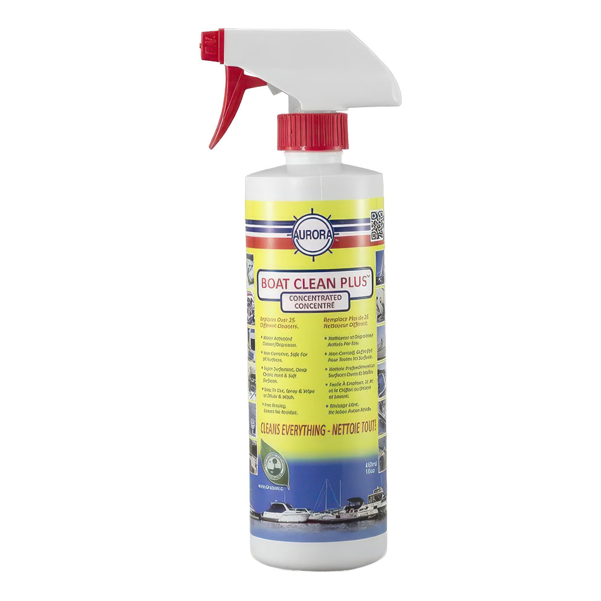 Spray bottle labeled 'Aurora Boat Clean Plus' on a white background