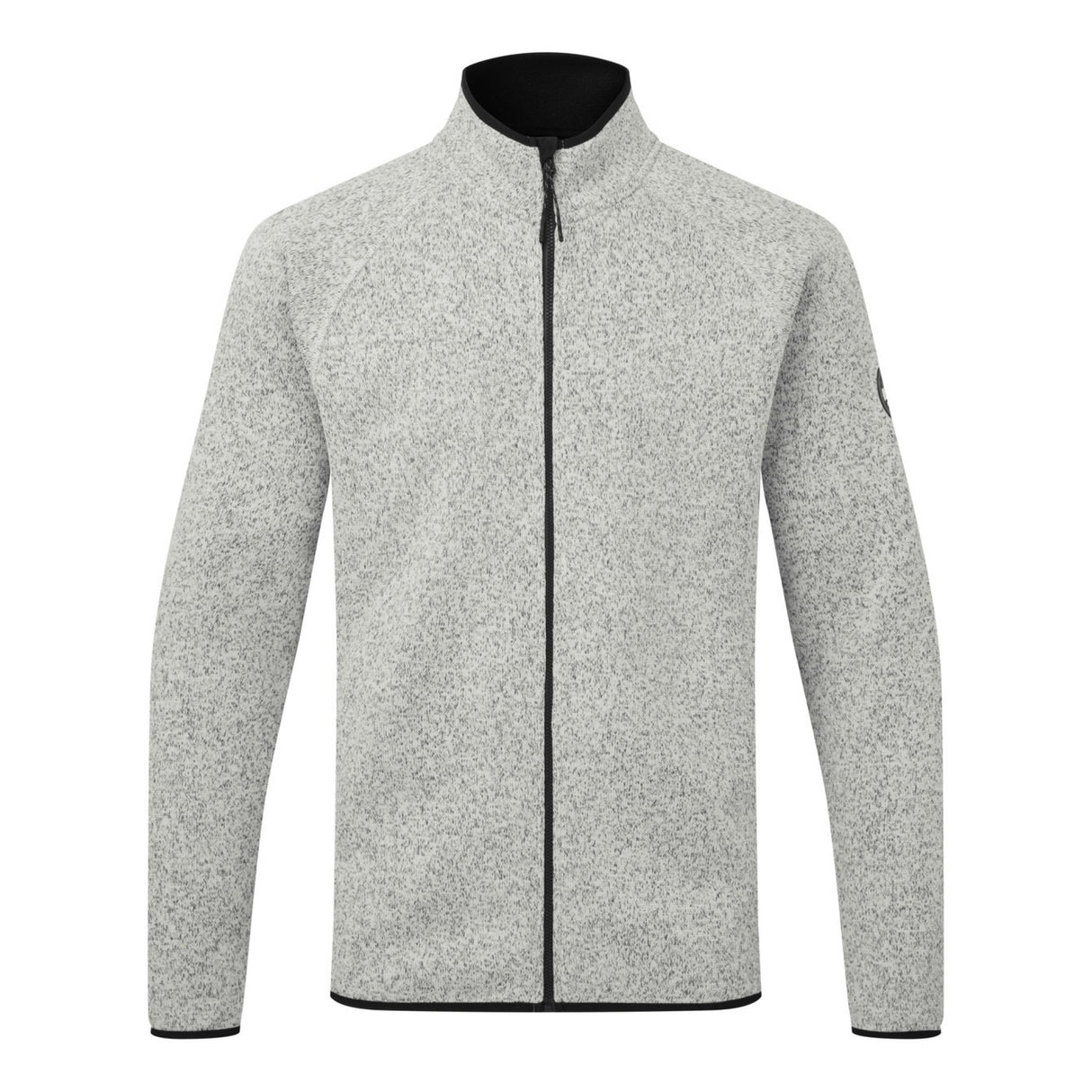 Gray fleece jacket with black zipper on a white background