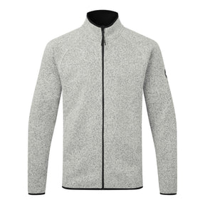Gray fleece jacket with black zipper on a white background