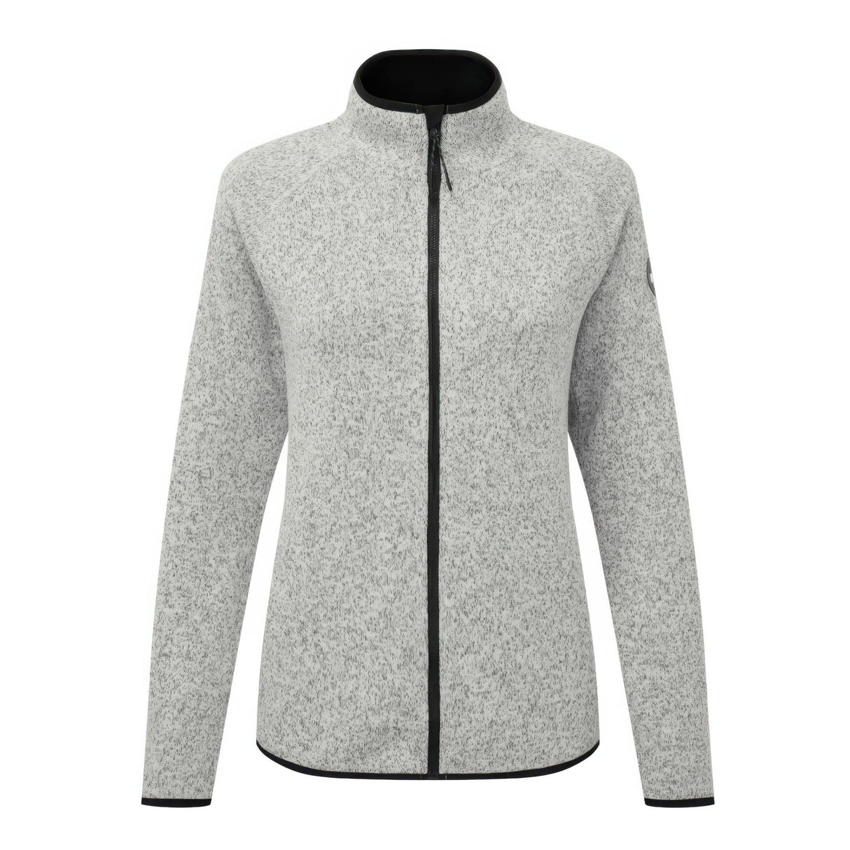 Gray fleece jacket with black zipper on a white background