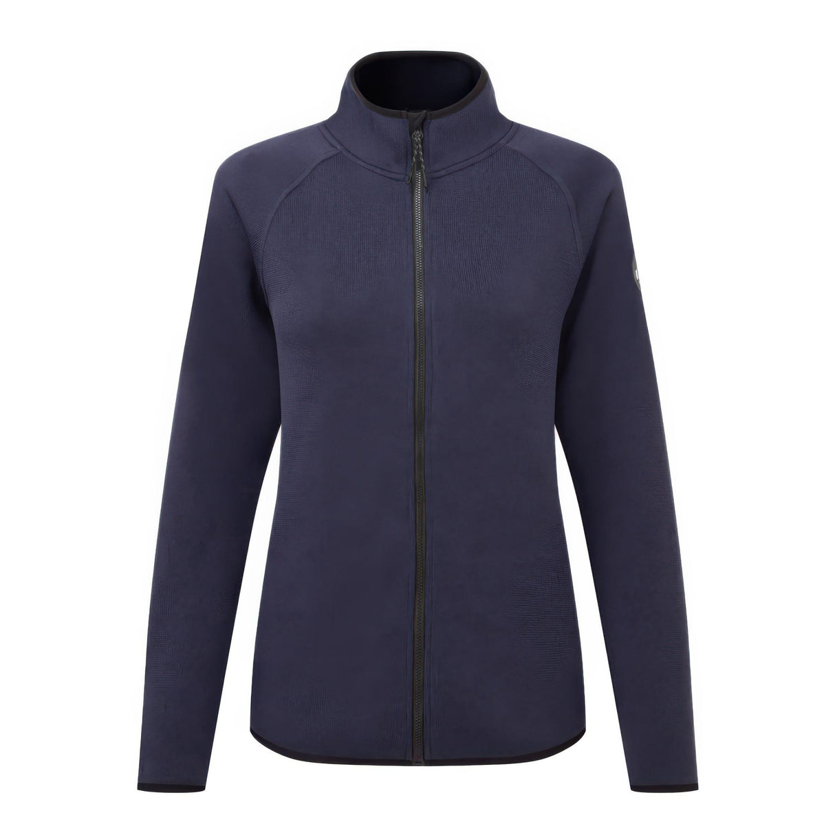 Navy blue jacket with a black zipper on a white background